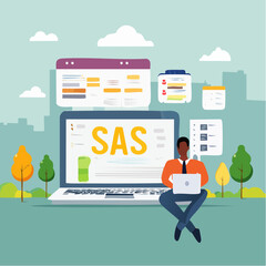 SaaS software as a service, cloud computing software for client subscription, internet web application online platform provider concept, businessman working with computer laptop on SaaS scree