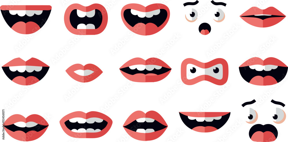 Mouth expressions vector set with lips and teeth showing various ...