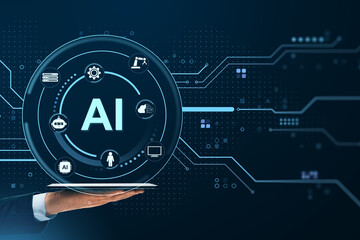 Wall Mural - artificial intelligence technology concept with digital icons and futuristic interface on blue backg