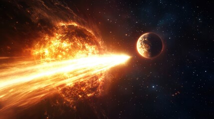 Wall Mural - bright beam of energy shooting from a star towards a planet in a starry space background