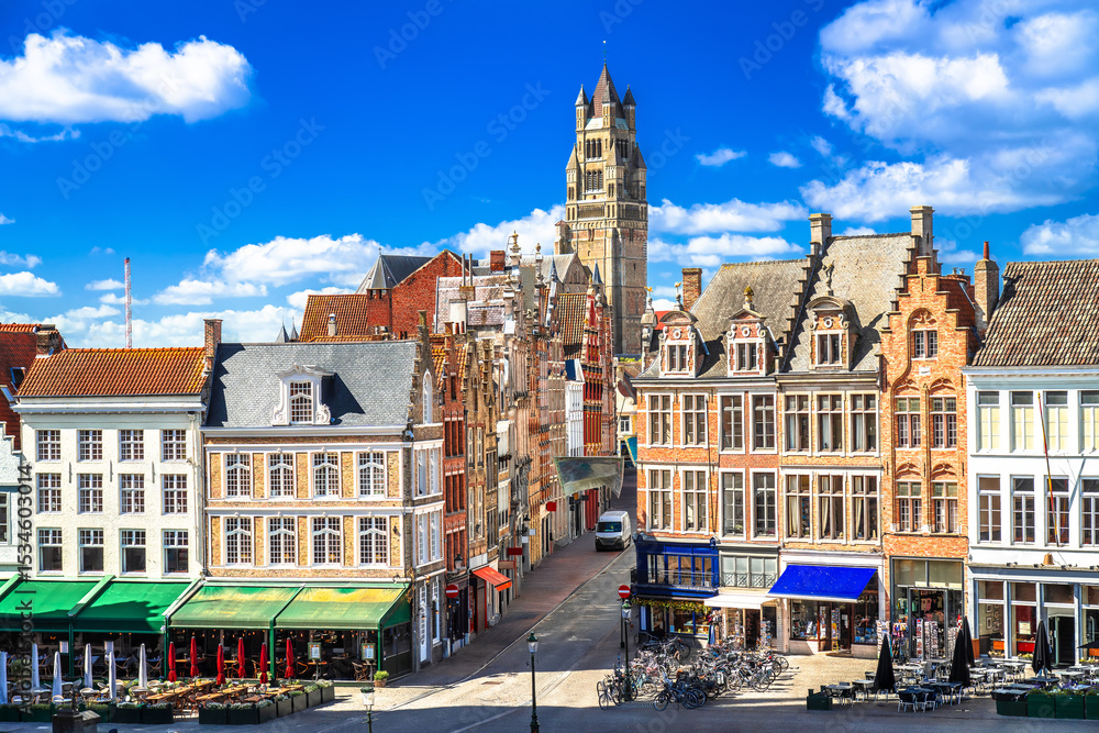 Bruges, Belgium.  Traditional colorful townhouses on Market square in Brugge old town