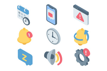 Isometric digital notifications and alerts with calendar and clock icons