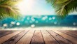 © Karen - summer table and sea with blurred leaves palm and defocused bokeh light on ocean wooden plank in abstract landscape