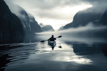 Wall Mural - A solitary kayaker paddles through a serene fjord, shrouded in mist, with towering cliffs on either side, creating a tranquil yet dramatic scene.