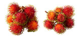 Two clusters of vibrant red and orange rambutans, isolated on transparent background, showcase their spiky, hairy textures
