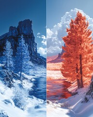 Wall Mural - visible infrared comparison of landscape in split view electromagnetic spectrum in remote sensing wa