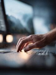 closeup of hand typing on keyboard. soft, atmospheric lighting. concept creativity, technology, focu