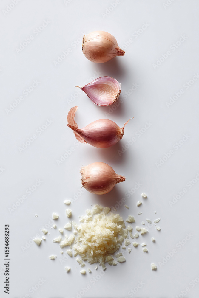 Minimalist topdown flat lay of shallots, whole, sliced, and minced, on a clean white background. Food photography for recipes, cooking concepts,  healthy lifestyle content.