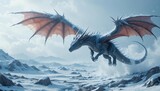 Snowstorms rage beneath a dragon flying high over a tundra wilderness