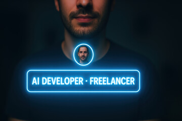 ai developer freelancer concept with man in dark background and glowing neon text highlighting profe