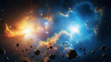 Wall Mural - stunning cosmic landscape with bright nebula and floating asteroids