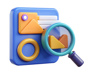 Wall Mural - 3 D Render of Blue Media File Management Icon with Magnifying Glass Searching Orange and Yellow Files