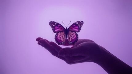 Canvas Print - purple butterfly on a woman's hand soft dreamlike lavender background stylized photography