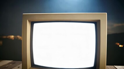 Outdated beige computer monitor with blank white screen on wooden table, vintage personal computer for web design and programming concept