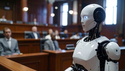 a robot stands in a courtroom, possibly as a witness, with observers in the background