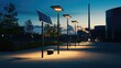 © Timeless Touch - Modern Solar Street Lights Illuminate Urban Pathway at Dusk with Calming Blue Sky and Warm Glow