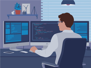 programmer working late at night on software development project using multiple monitors in his home