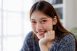© David - Image of happy young Asian business woman working document and laptop at office