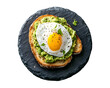 © boxstock production - Avocado toast with sunny side up egg chopped tomatoes and herbs served on rustic bread slice isolated on transparent background