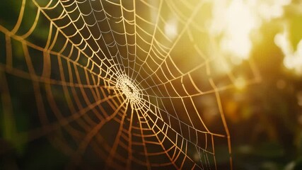 Spider web close up glowing in warm sunlight, delicate natural outdoor scene with intricate web details and soft glowing morning light in natures peaceful web environment