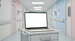 © Bayu Tri Nugroho - Hospital hallway laptop blank screen medical technology healthcare digital health clinic doctor nurse patients telehealth remote medicine online consultation electronic health records EHR