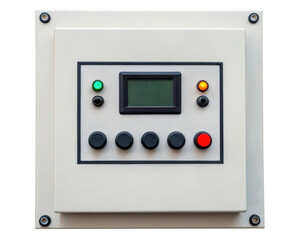white control panel with screen and various buttons on a transparent background