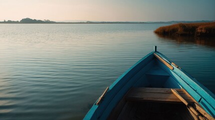 Naklejka na meble Calm Estuary Scene with Eco-Friendly Fishing Boat at Dawn
