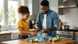 © Creative Listing - Black father and daughter removing labels for recycling water plastic bottles. Sustainable living.