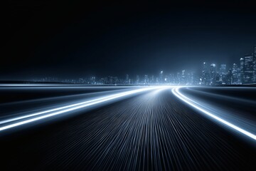 Wall Mural - light trails to city skyline, futuristic speed motion, technology and innovation concept background