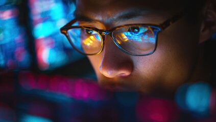 Focused Man Wearing Glasses Looking at Illuminated Screen