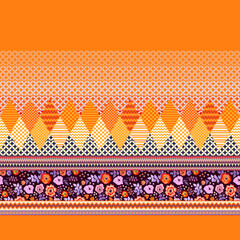 Wall Mural - Bright seamless colorful fabric print with diamond-shaped patches and decorative floral horizontal border. Beautiful fashionable pattern.