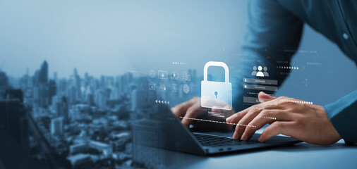 Wall Mural - cyber security data and digital login system. businessman typing on laptop with lock icon, username 
