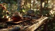 © Wida - Outdoor tea set on a rustic wooden table.
