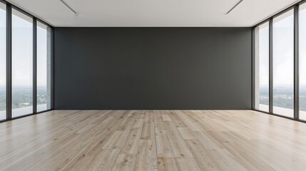Canvas Print - light wood floor empty room dark gray wall large windows city view minimalist interior image