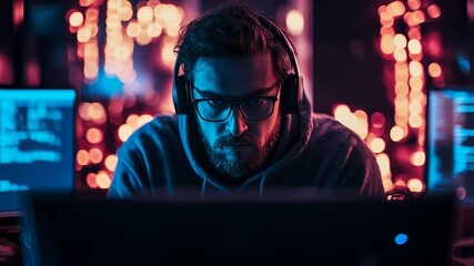 Focused developer immersed in code, illuminated by screen glow and neon ambience