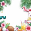 © Mr.Spy - Vibrant Tropical Frame with a Pink Flamingo, Lush Palm Leaves, Plumeria Flowers, Cocktails, Sunglasses, and Yarn, Creating a Lively and Eclectic Summer Holiday or Crafting Theme.