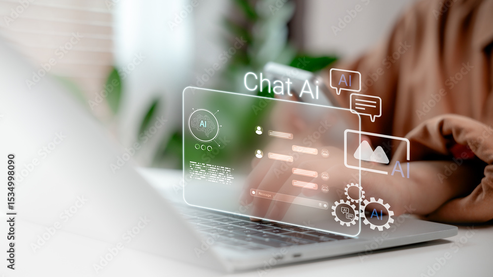 Close-up of a man using laptop with Chat AI interface on screen ...
