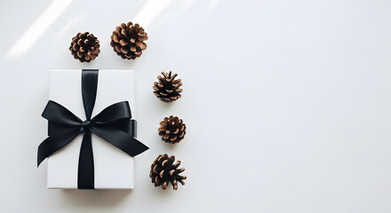 Wall Mural - Minimalist Christmas Flat lay: White Gift Box with Black Ribbon and Pine Cones