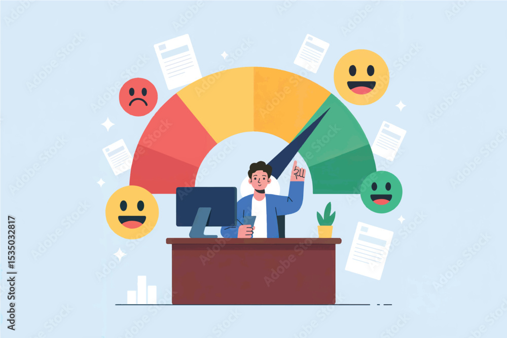Vector cartoon illustration of man monitoring performance meter with ...