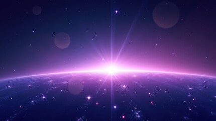 Stunning purple space sunrise over earth with glowing stars and lens flare