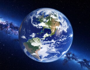 realistic earth floating in deep space with nebula galaxy background, cinematic light, high detail