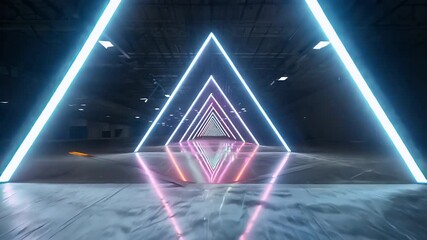 A glowing three dimensional neon triangle hovers textured concrete floor forming endless ultraviolet tunnel crisp laser lines that loop smoothly delivering futuristic geometric ambience perfect sci