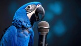 Blue parrot with microphone