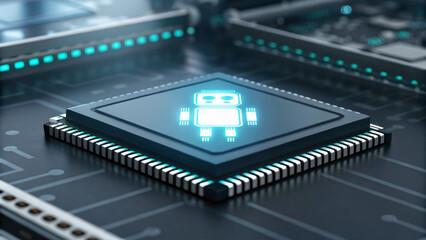 AI chatbot for healthcare support. Microchip with glowing robot design on a circuit board. AI for customer service.