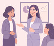 © KjerstiML - Three businesswomen in conversation in a modern office, with charts in the background. Flat vector style, pastel tones, team collaboration and professional leadership concept.