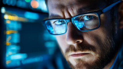 focused individual with glasses analyzing data on a screen in a dimly lit environment