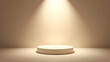 © mark - A small empty podium under soft spotlight warm welcoming light formal feel ivory and light brown tones straightforward arrangement reminiscent of gallery exhibitions.