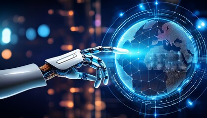 Wall Mural - a high tech robot hand interacts with an advanced digital interface symbolizing innovation and artificial intelligence