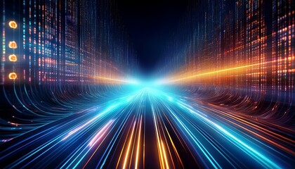 Wall Mural - binary code digital data stream with glowing light path in futuristic technology concept