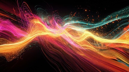 Wall Mural - abstract colorful swirling light streaks and particles on black background.